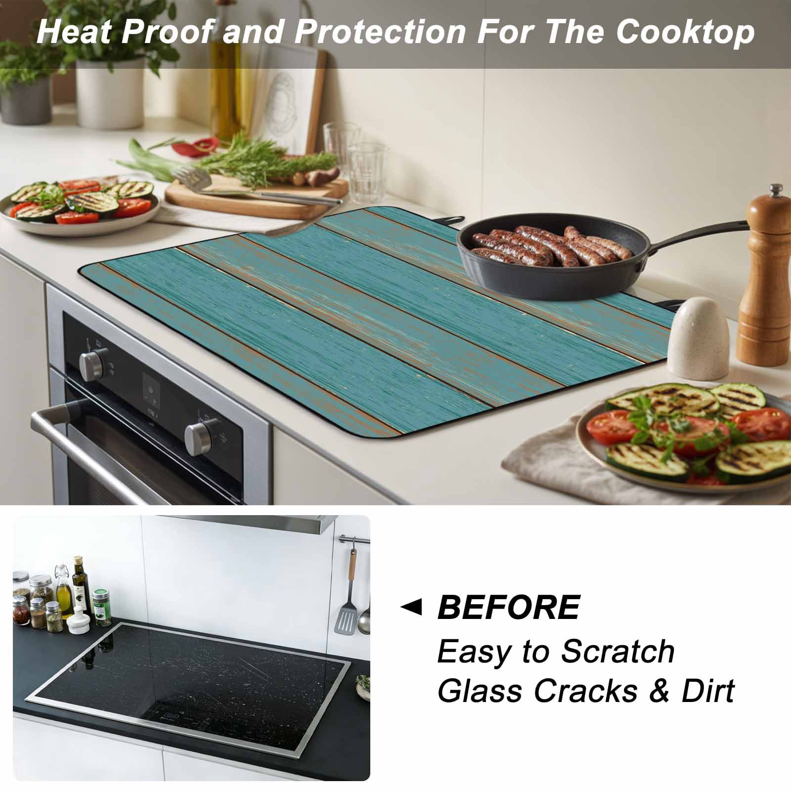 Teal Wood Grain Stove Top Cover for Electric Stove, Heat-proof & Non Slip Glass Top Stove Cover Protector, Farmhouse Vintage Wooden Rustic Kitchen Flat Cooktop Rubber Mat 24x21 Inches