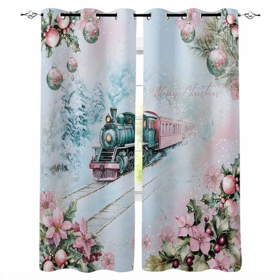 Hokiten Pink Blue Christmas Blackout Curtains | Light Blocking Print Window Curtains, Xmas Train Snowflake Botanical Thermal Insulated Window Drapes for Living Room Kitchen (2 Panels, 55"W x 39"L)