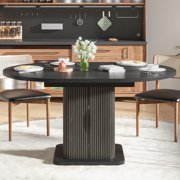 Extendable Round Dining Table for 4–8, 59 Modern Kitchen Table with Storage & Fluted Wood Sliding Door, Black