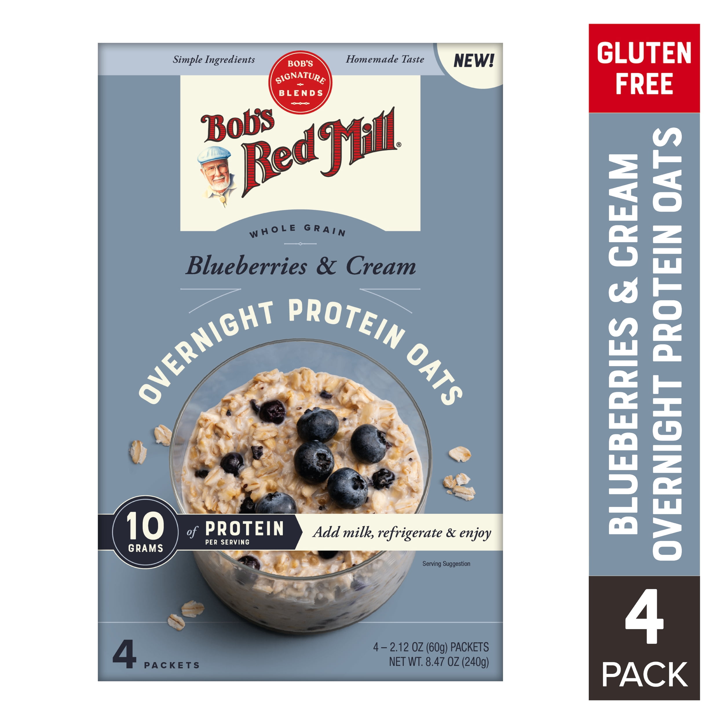 Bob's Red Mill Blueberries & Cream Overnight Instant Protein Oats, 8.47 oz (4 Count)