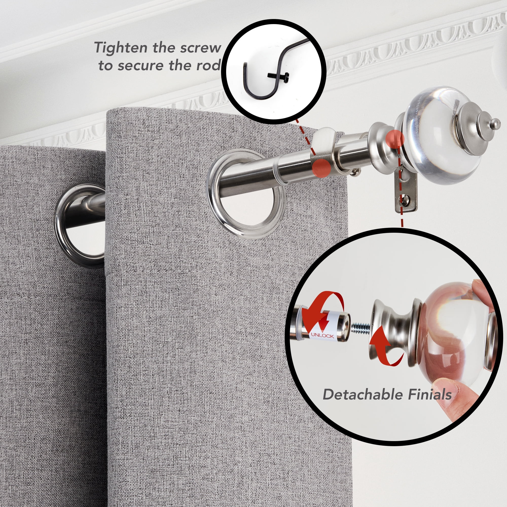 Deconovo Decorative Curtain Rod with Clear Acrylic Finial, Silver, 48-84 Inch, Stainless Steel Adjustable Window Treatment Rod