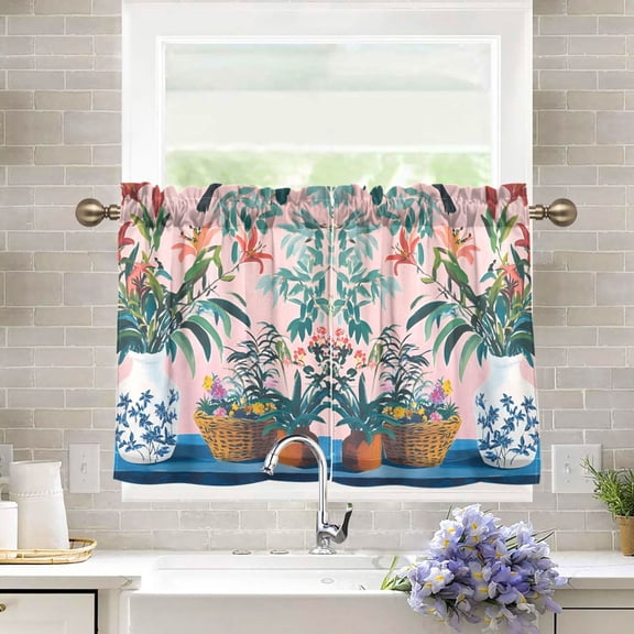 Yayeee Kitchen Curtains Tier Pair Light Filtering 27"x24" Rod Pocket Short Cafe Window Panel, Vibrant Flowers