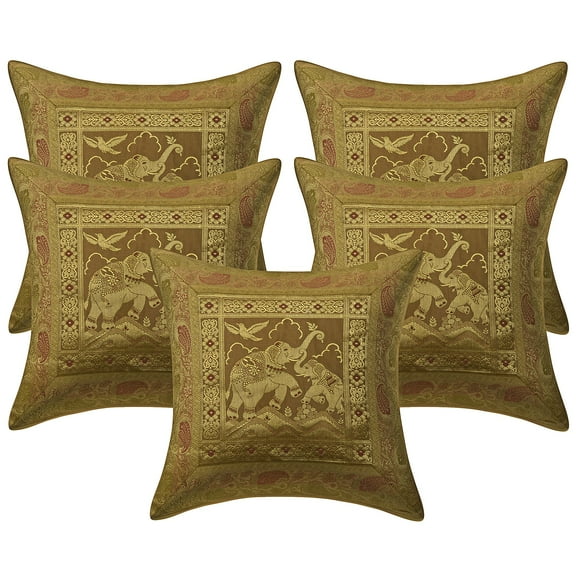 Stylo Culture Ethnic Chair Seat Throw Pillow Covers 16x16 Jacquard Gold Square 40 x 40 cm Home Decor Brocade Elephant Floral Zippered Cushion Covers | Set Of 5