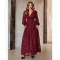 thumbnail image 5 of Burgundy Elegant Jacquard V-Neck Ruched Maxi Dress With Lantern Sleeves, 5 of 8