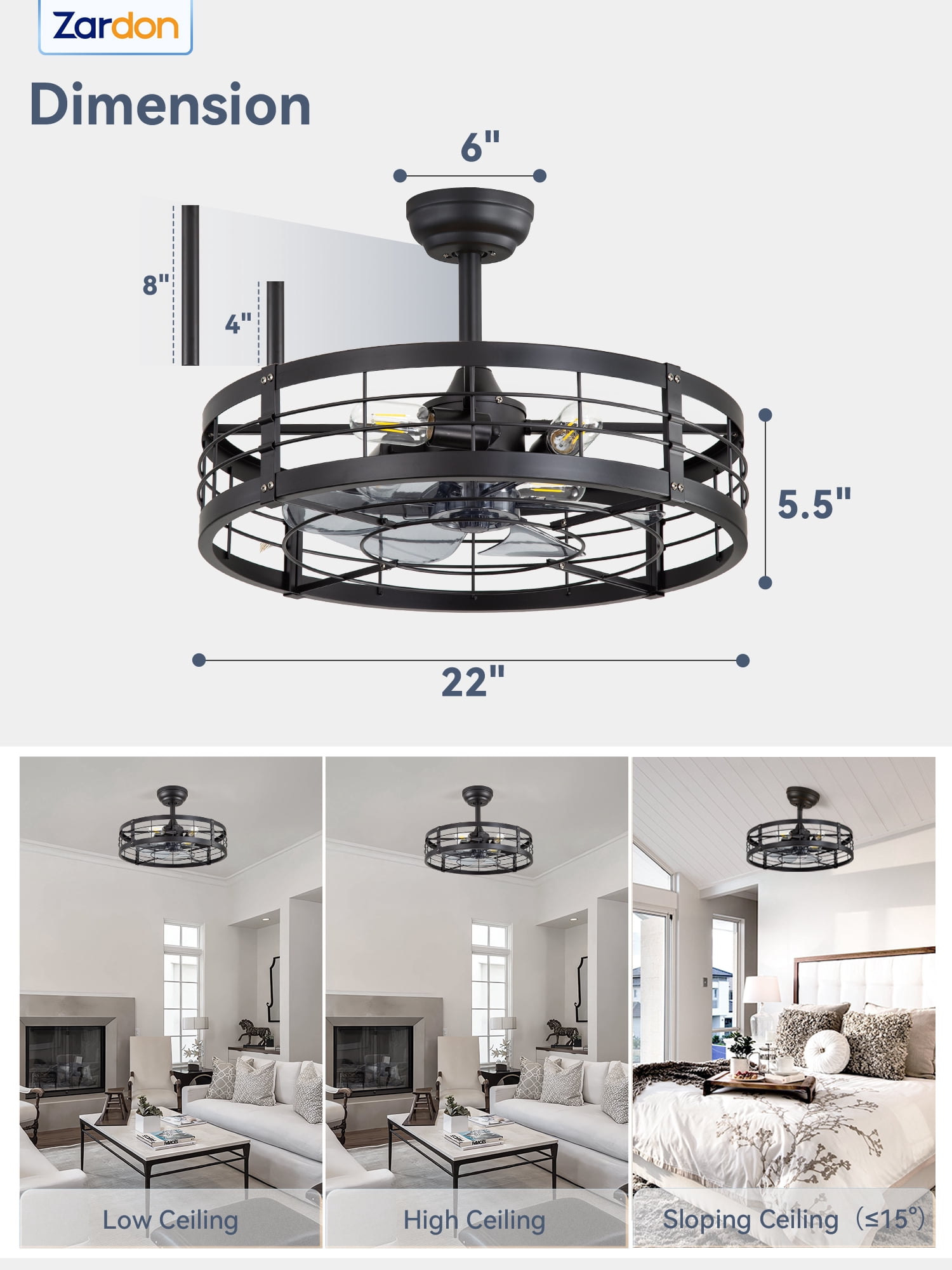 Zardon 22" Matte Black Cage Ceiling Fan with Light, Farmhouse and Bladeless with Timer, 6 Speeds, Ultra Quiet 30dB for Bedroom, Kitchen, Living Room