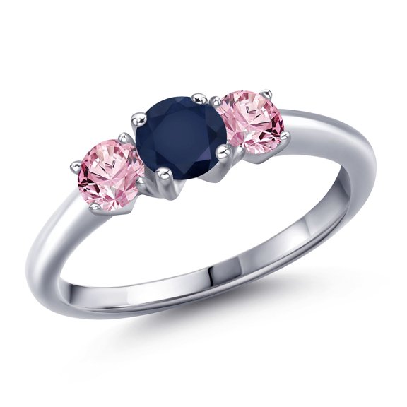 Gem Stone King 925 Sterling Silver Blue Sapphire and Pink Lab Grown Diamond Engagement Ring for Women | 1.10 Cttw | Round 5MM | Gemstone September Birthstone | Size 9