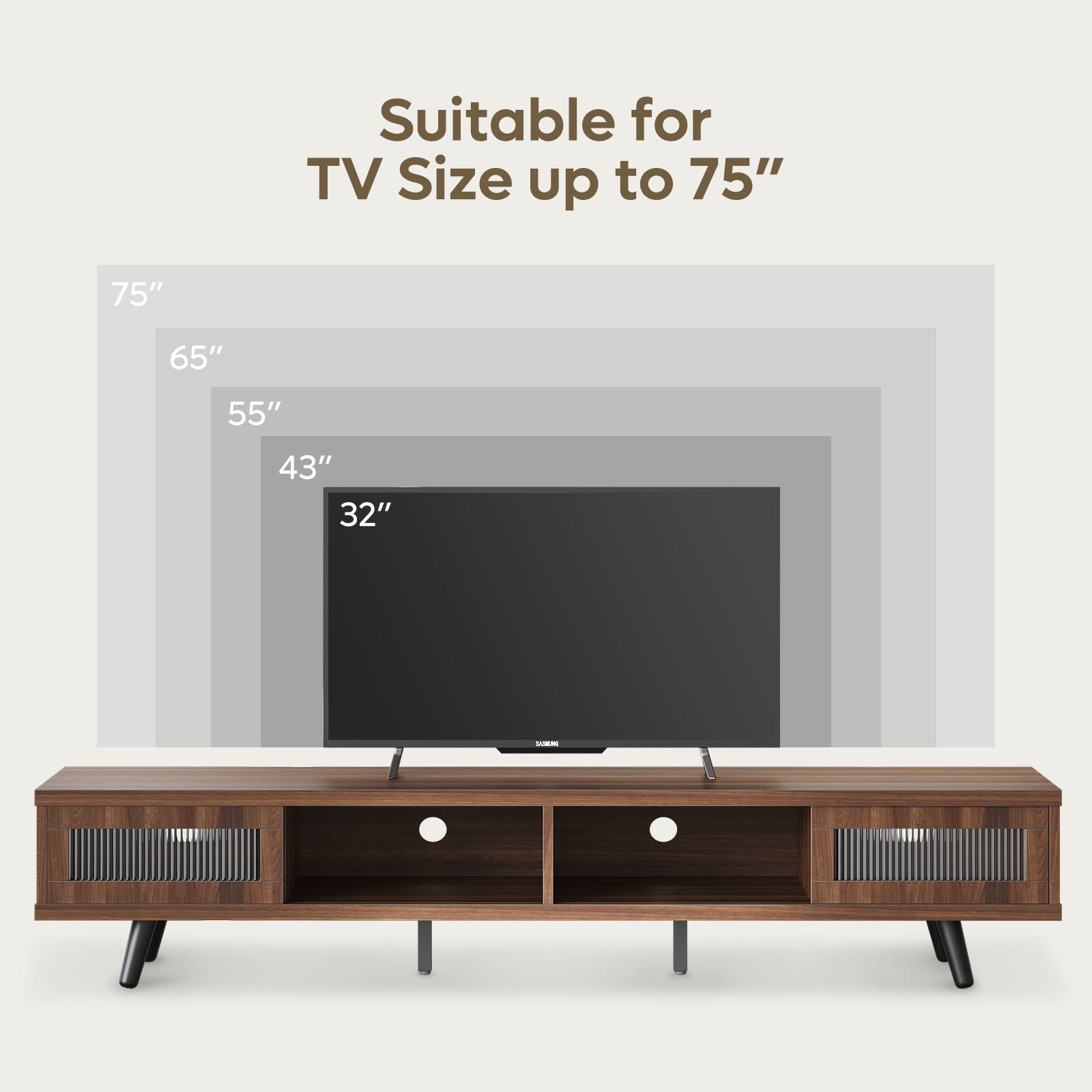 Bestier 70" LED TV Stand for TVs up to 75" TV, Mid-Century Modern Entertainment Center with Sliding Glass Door, Media TV Console Table, Ancona Walnut