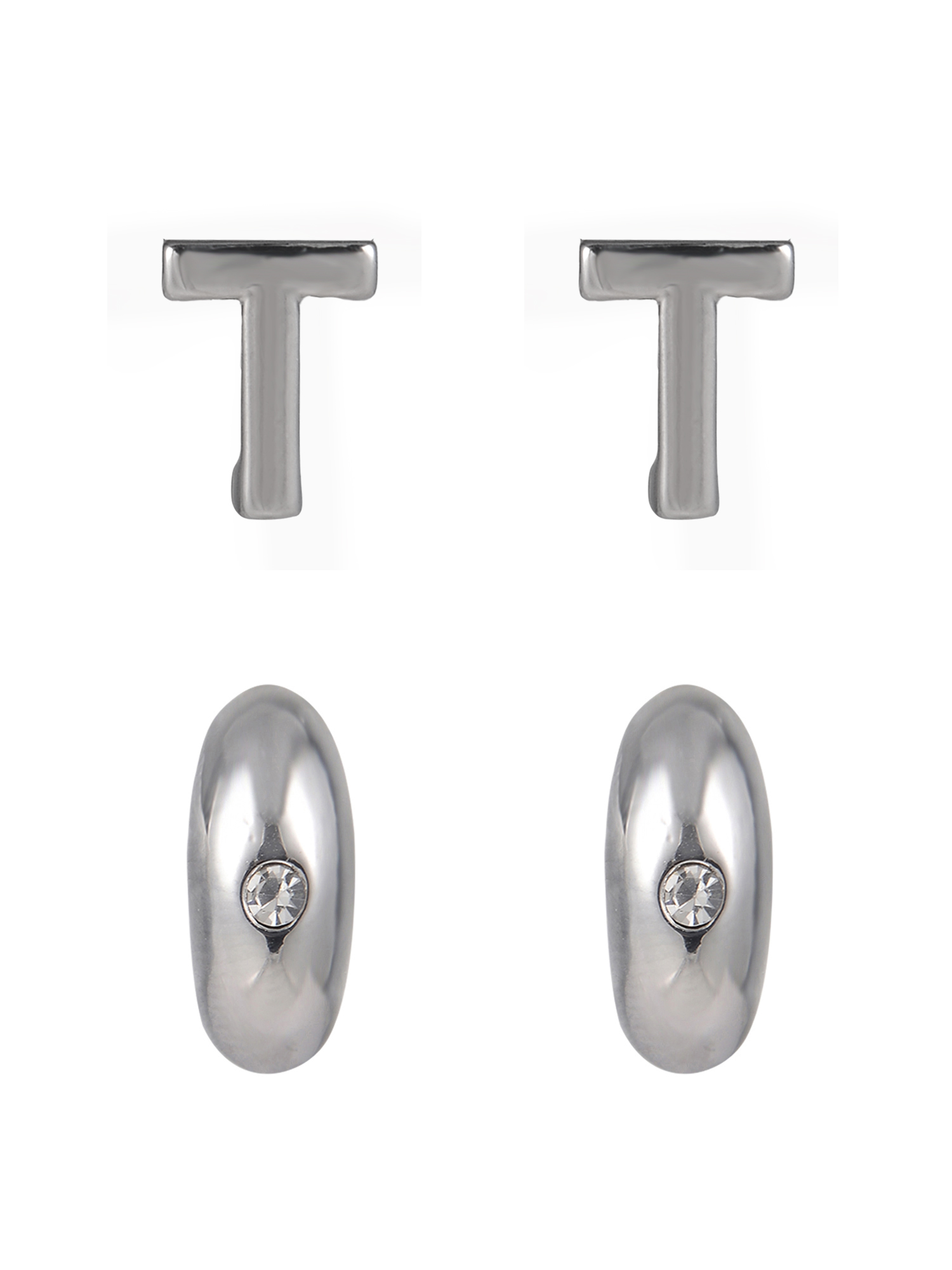 Time and Tru Silvertone 3-On Crystal Stud, Hoop, Initial "T" Earring Set