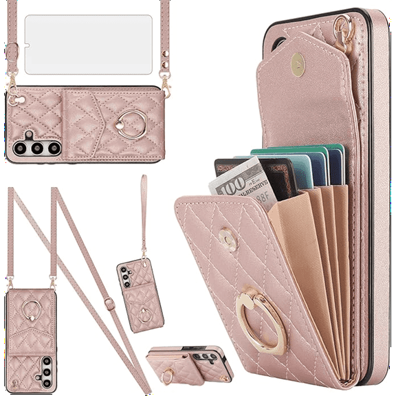 Asuwish Wallet RFID Blocking PU Leather Cell Phone Case with Tempered Glass Screen Protector, Wrist Strap for Samsung Galaxy A35 5G, Rose Gold