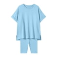 thumbnail image 4 of Yuncity Toddler Girls Outfits Summer Crew Neck Short Sleeve Casual Two Piece Loose Shirt And Cycling Shorts Cozy Sets Size 11-12 Years Blue, 4 of 4
