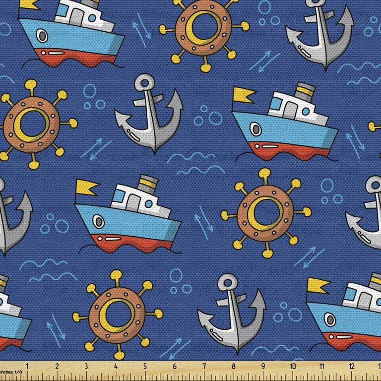 Nautical Fabric by the Yard Upholstery, Cartoon of Ship Sailing in