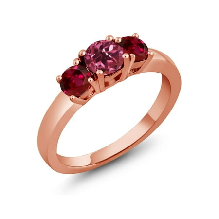 Ruby Pinky Ring - 1.00 Ct Round Pink Tourmaline Red Created Ruby 18K Rose Gold Plated Silver Ring