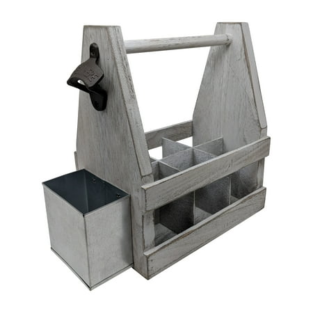 Wooden Caddy - Gianna's Home Rustic Farmhouse Wooden Beer Soda Caddy Bottle Carrier with Bottle Opener and Cap Catcher