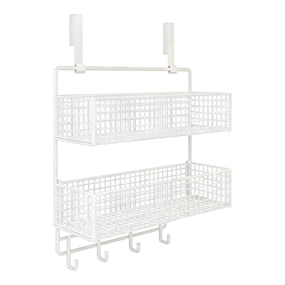 DefiDgd Over The Door Organizer with Two Tier Storage Baskets and 4 Hooks,Metal Behind Hanging Storage Shelf Pantry Racks for Bedroom Bathroom Office Kitchen(White)
