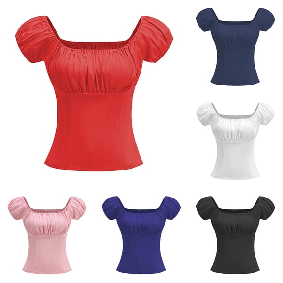 Rggeeun Women Puff Sleeve Corset Square Neck Women Tops Lightweight Slim Fit Women Clothes Evening Party Versatile,Red,S