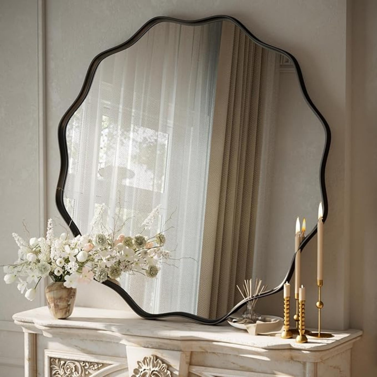 AUROMIR 36" Wavy Round Bathroom Mirror Wall Mounted Mirror Vanity Mirror with Metal Frame, Black