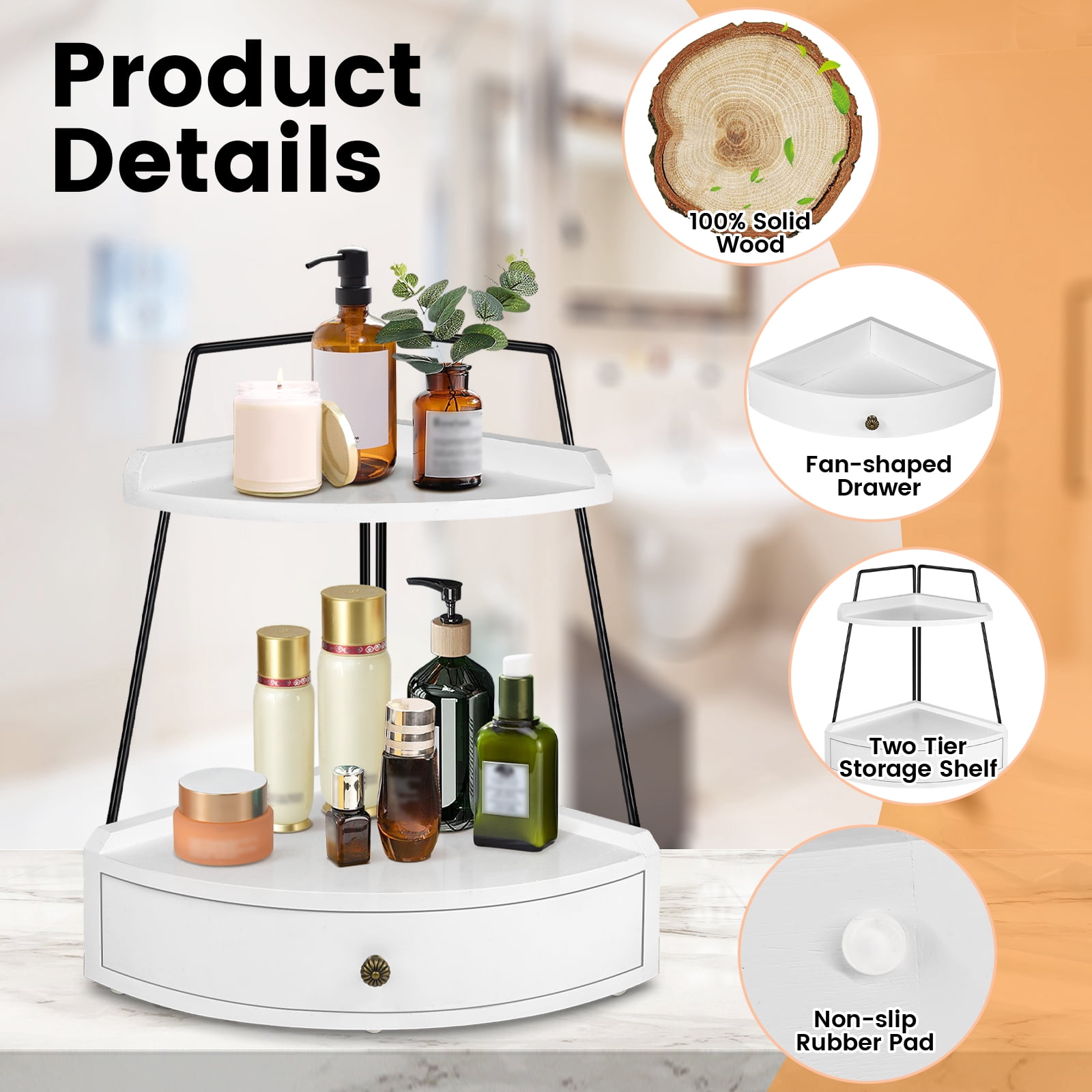 2 Tier Bathroom Counter Organizer, Wood Bathroom Organizer Countertop with Drawer, Corner Storage Shelf for Cosmetic Vanity Tray, Kitchen Spice Rack, Kitchen Organizer and Storage