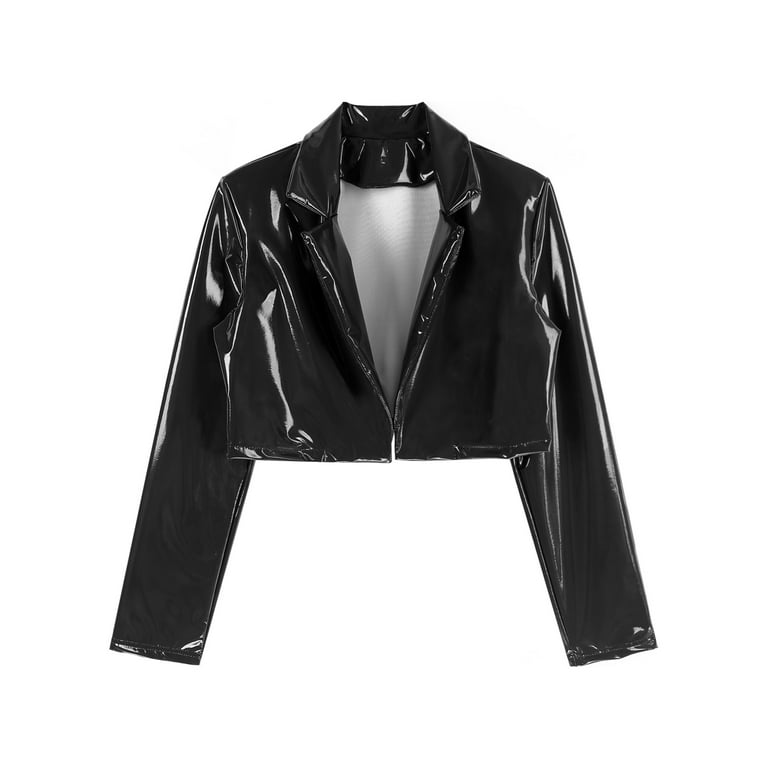 iiniim Women's Patent Leather Motorcycle Jacket Slim Short Biker Coat Lapel  Cropped Shirt Coat S-3XL Black 3XL
