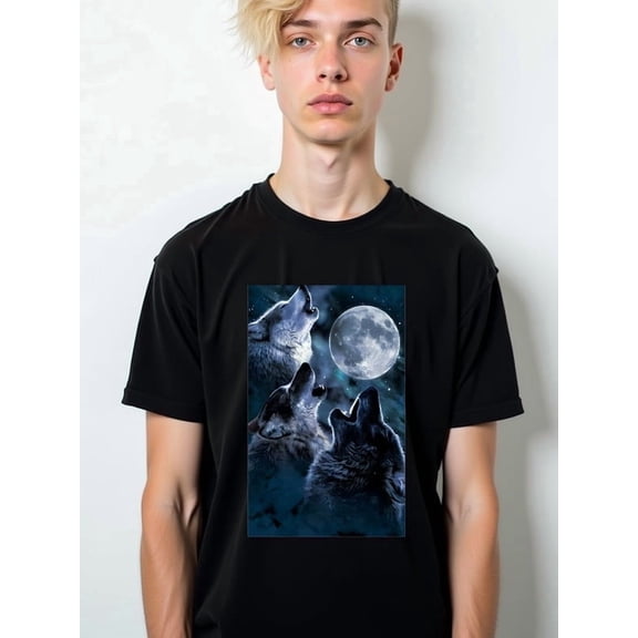 Greenink Wolf Moon Howl T-Shirt Men t shirt black graphic tees gifts printed T-shirts, Streetwear style clothing Retro Unisex Shirt Cotton tshirts