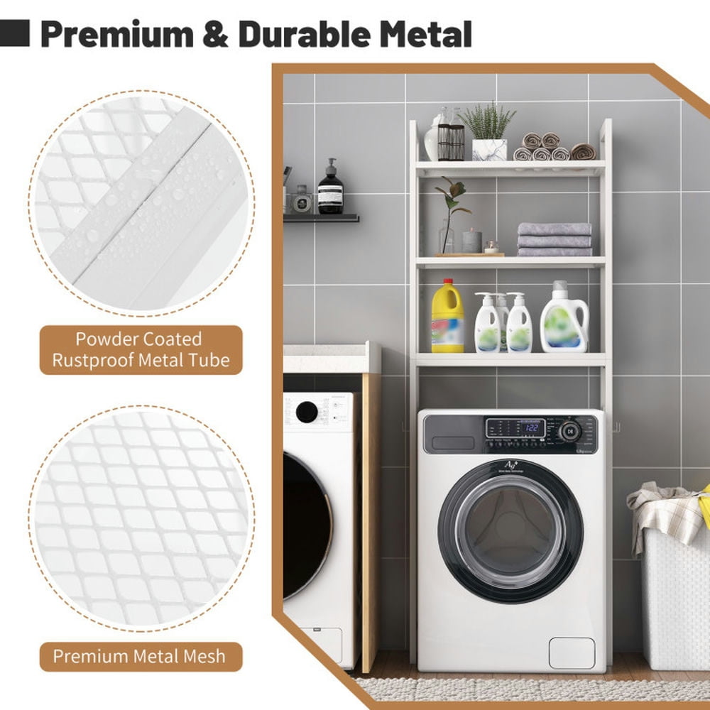 Finihen Toilet Storage Rack, Toilet Storage Shelf, Over-The-Toilet Storage Shelf Space Saving Metal Bathroom Organizer Hooks, for Bathroom, White