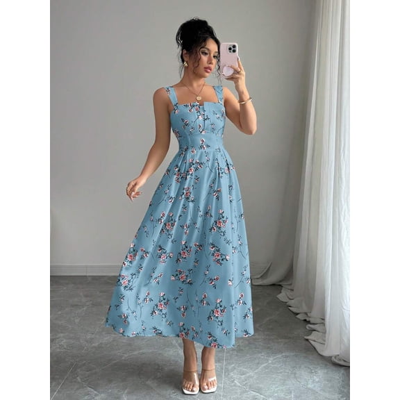 Blue Floral Print Waist-Gathering Pleated A-Line Midi Dress For Women