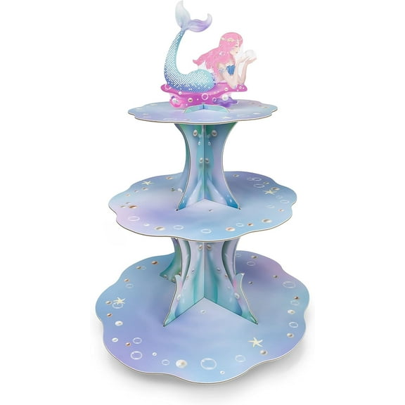 Cheerland 3-Tier Pink Blue Mermaid Cupcake Stand for Under The Sea Party Table Decorations