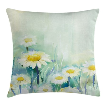 - Watercolor Flower Home Decor Throw Pillow Cushion Cover, Daisies on Grass Mother Earth Icons Impressionist Print, Decorative Square Accent Pillow Case, 16 X 16 Inches, Light Blue White, by Ambesonne