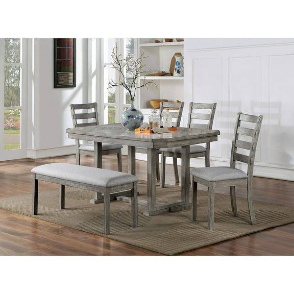 Rustic Grey 6-Piece Dining Set: 60" Rectangular Solid Wood Table, 4 Fabric Chairs & Bench with Ladder Backs for Dining Room Seating