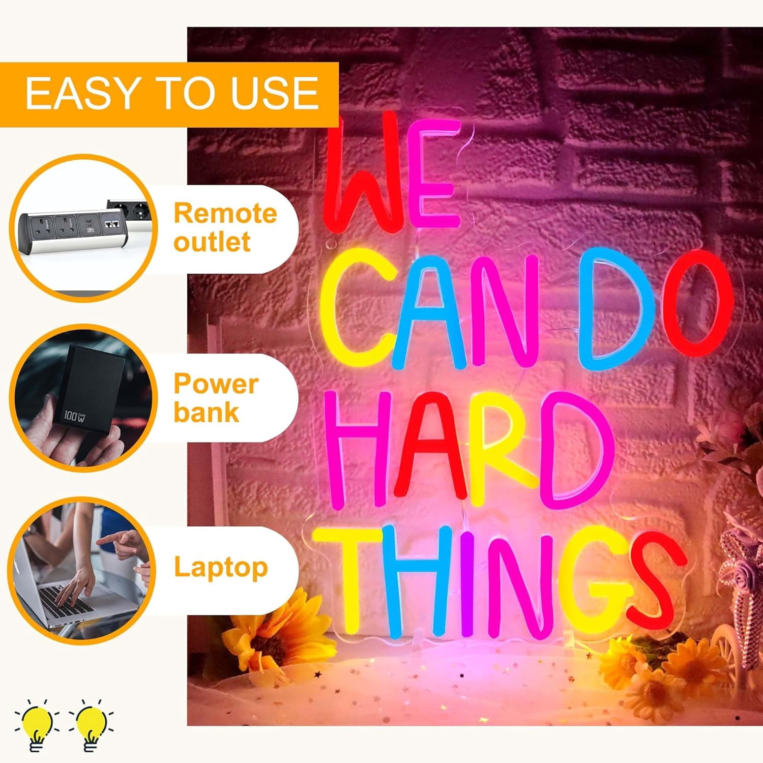 We Can Do Hard Things Neon Signs, 13.3"x 10.6" Dimmable LED Signs for Wall, Neon Light Kids Wall Art Positive Classroom Decor, USB Neon Light for Bedroom Birthday Party Classroom Backdrop Decor