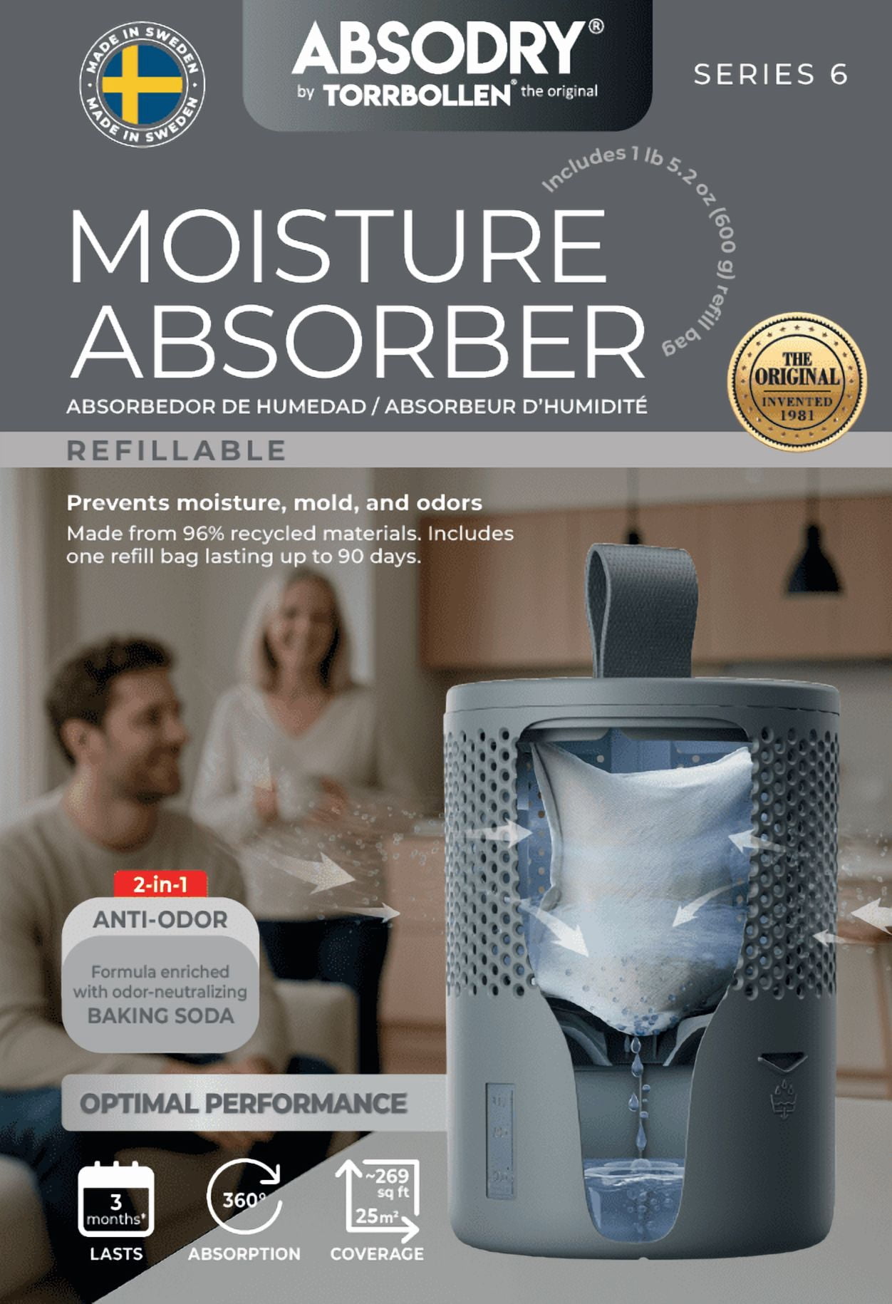 Absodry Refillable Moisture Absorber, Long-lasting Odor Eliminator, Fragrance Free Dehumidifier - Series 6(White)