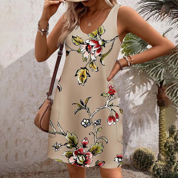 Sakmal Loose Fit Sun Dresses for Women 2024 Floral Comfy Beige Comfort Fit Sleeveless Mid-Length Slip Dress