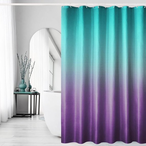 Ombre Shower Curtain, Teal Purple Gradient Fabric Shower Curtain, Waffle Weave Textured Bathroom Curtains Shower Set with Hooks, Water Repellent and Machine Washable, 72 x 72