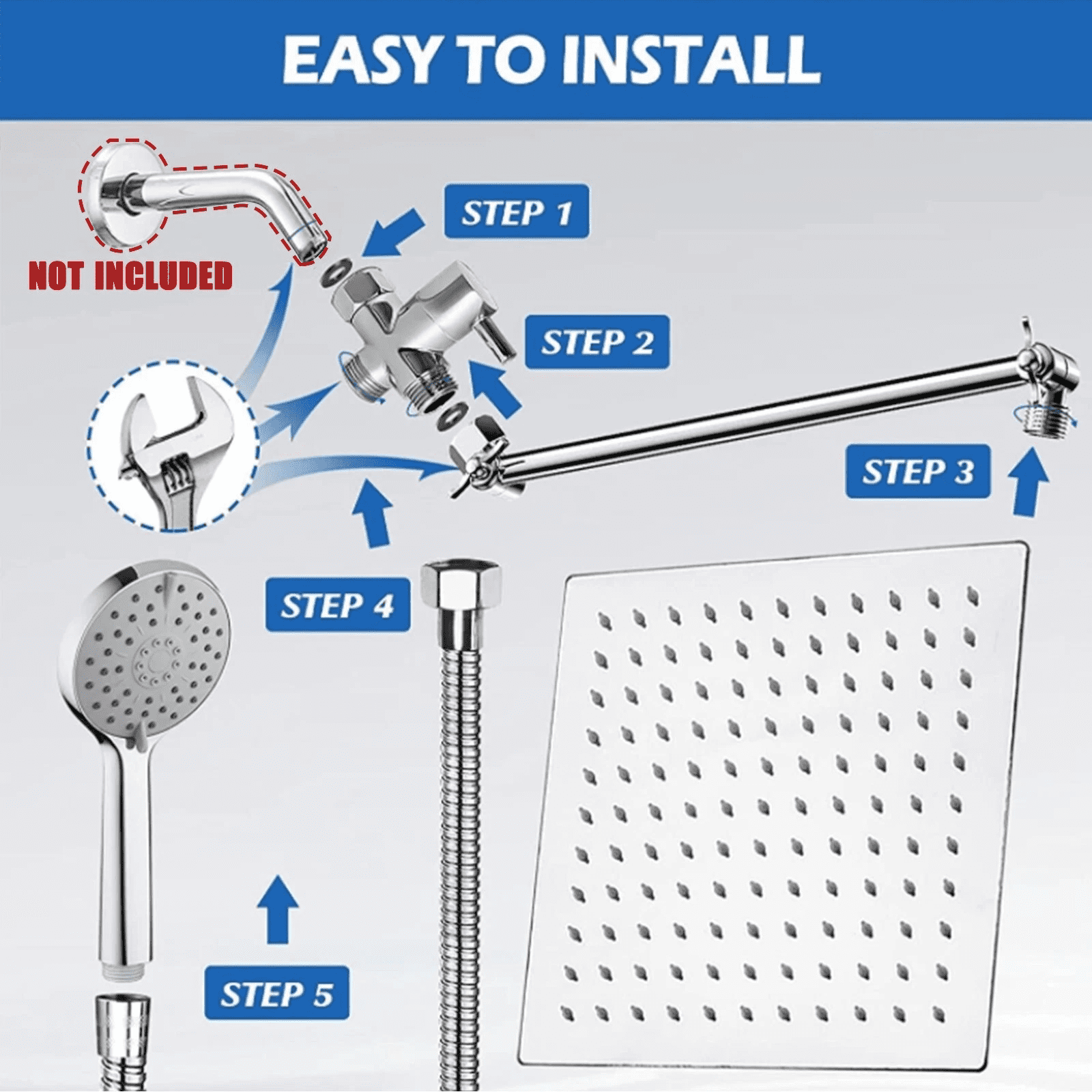 Zovajonia Chrome Rain Shower Head Combo Includes 12-inch Square High-Pressure Rain Shower Head Three-Setting Handheld Spray and Adjustable Arm