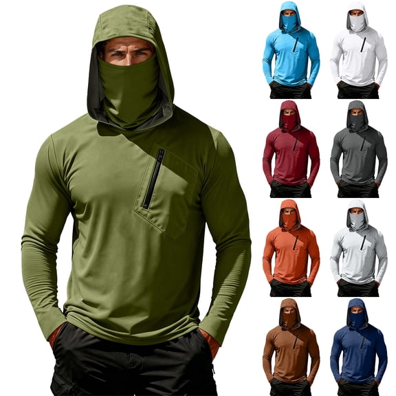 Men's Hooded Long Sleeve Sun Protection Shirt - UPF 50 Lightweight Breathable Pullover with Face Mask & Zipper Pocket - Quick-Dry Outdoor Fishing & Hiking Top for Summer Coffee L