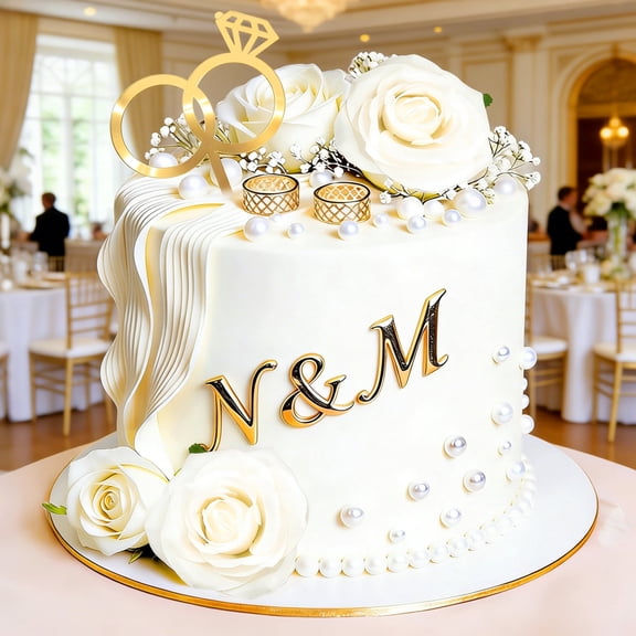 Eternal Vow Wedding Cake Decorations Set - Bridal Gold Ring Topper with White Roses for Romantic Celebrations