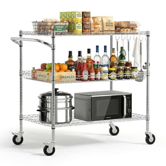 VEVOR Kitchen Utility Cart, 3 Tier Heavy Duty Adjustable Wire Storage Rack, Commercial Steel Rolling Service Trolley on Wheels, Work Table with Handle Bar, for Garage and Laundry Room, 40x25x40.9 in