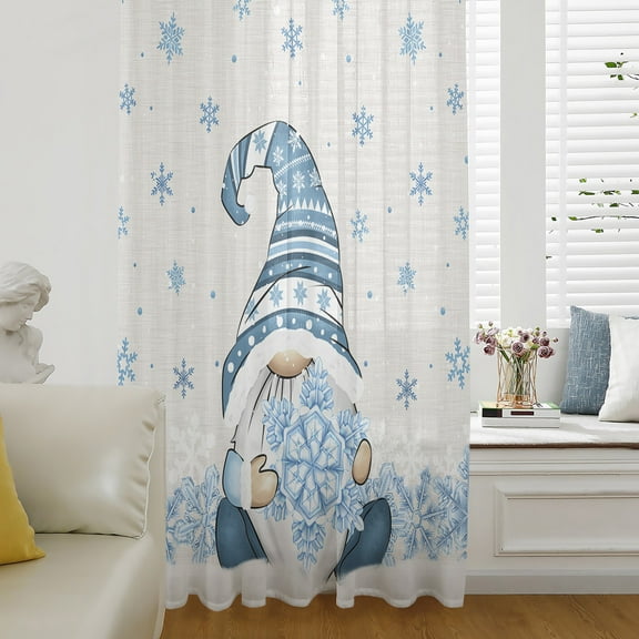 Blue Gnomes Christmas Semi Sheer Curtains Drapes for Living Room,Bedroom,French Doors Window 45 Inches Long,Blue Xmas Snowflake Winter Rustic Rod Pocket Chiffon Curtain Drapery Voile Draperies Panel