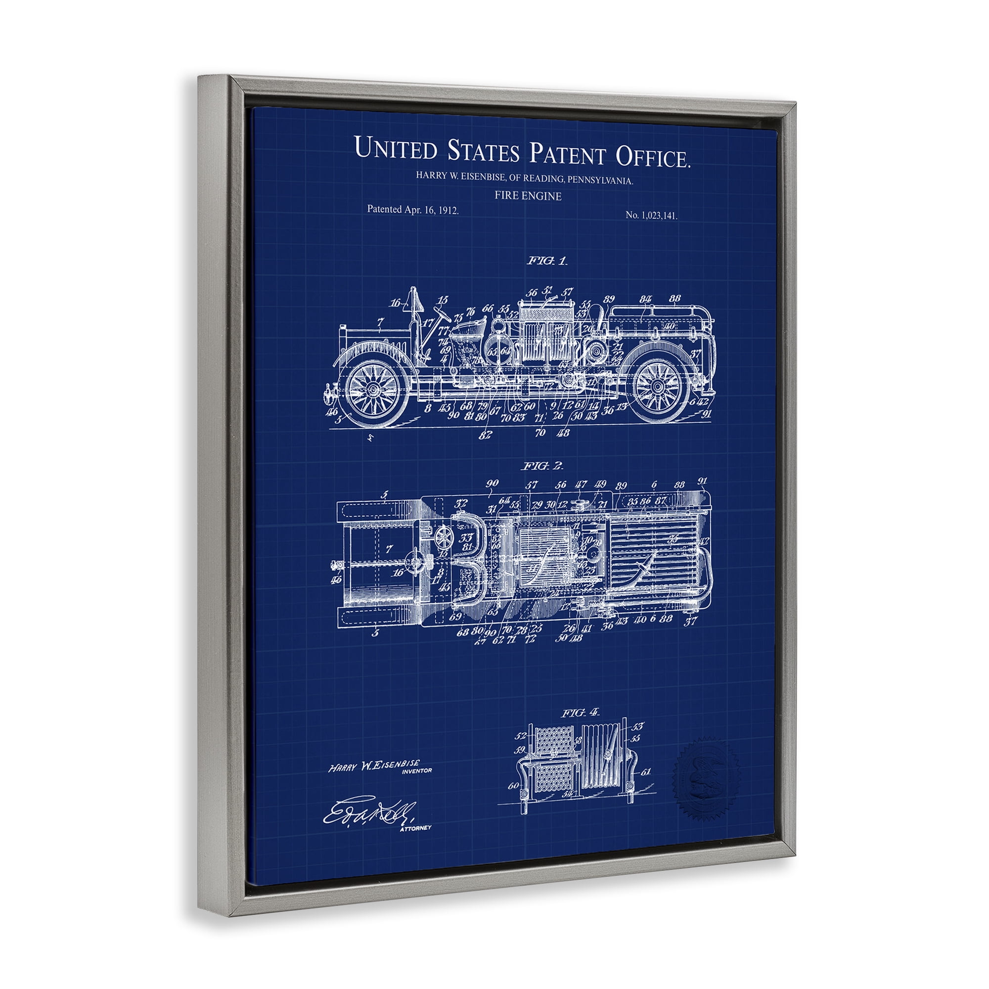 Stupell Industries Fire Engine Blueprint Transportation Painting Gray Floater Framed Art Print Wall Art, 17 x 21