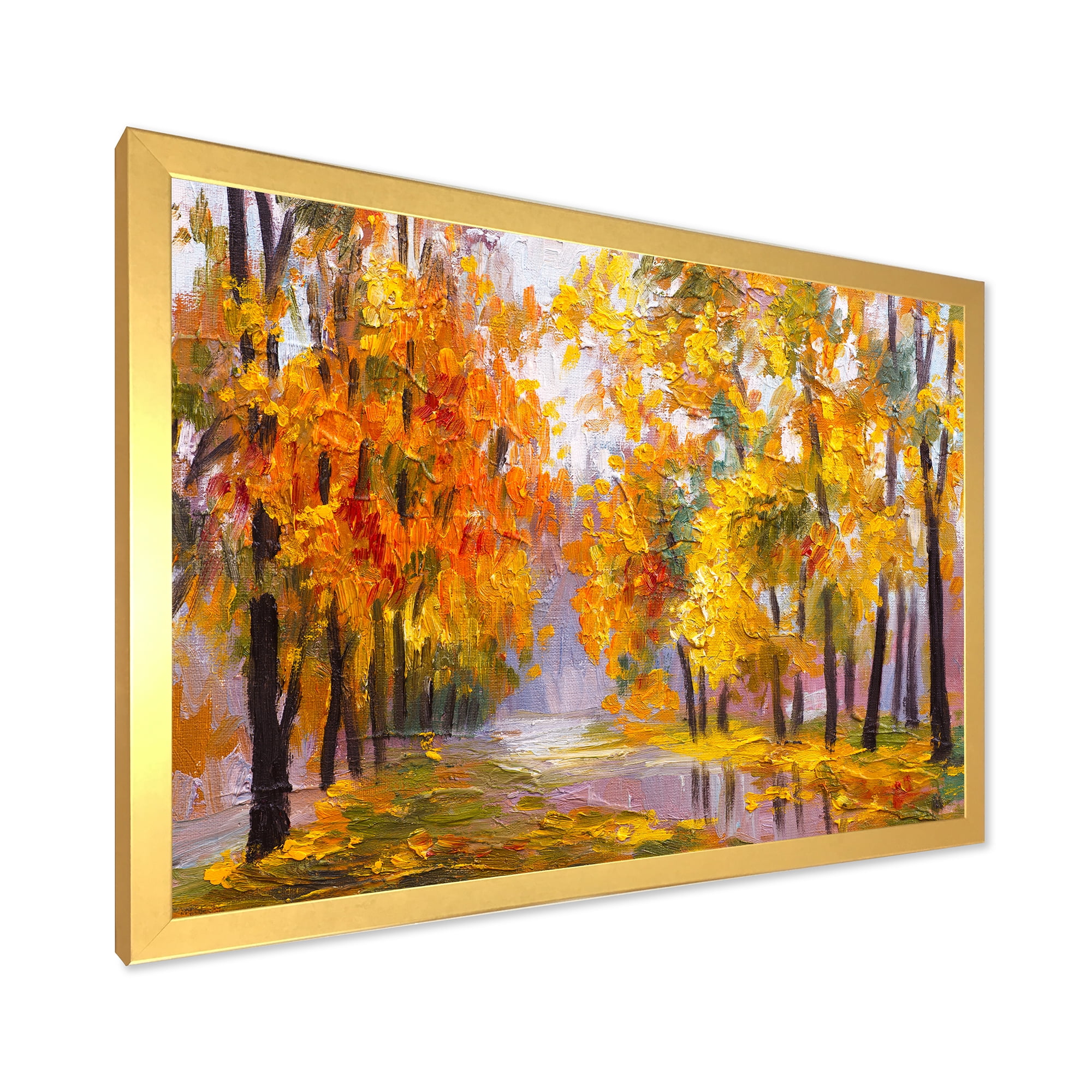 Designart 'Forest Full Of Fallen Leaves In Autumn Along River' Lake House Framed Art Print