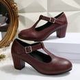 thumbnail image 6 of KEGIRLOM Women's Fashionable Casual Comfortable Plus Size Mary Shoes Solid Color Round Toe Buckle Heel Heel T-Strap High Heels Wine Size 9, 6 of 9
