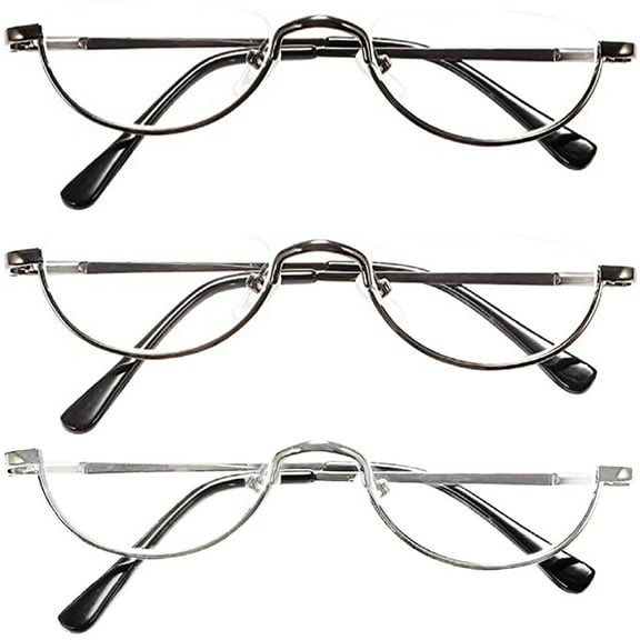 REAVEE 3-Pack Retro Metal Half Moon Reading Glasses Women Men Half Frame Spring Hinge Stylish Slim Reader Black,Grey and Silver,2.0