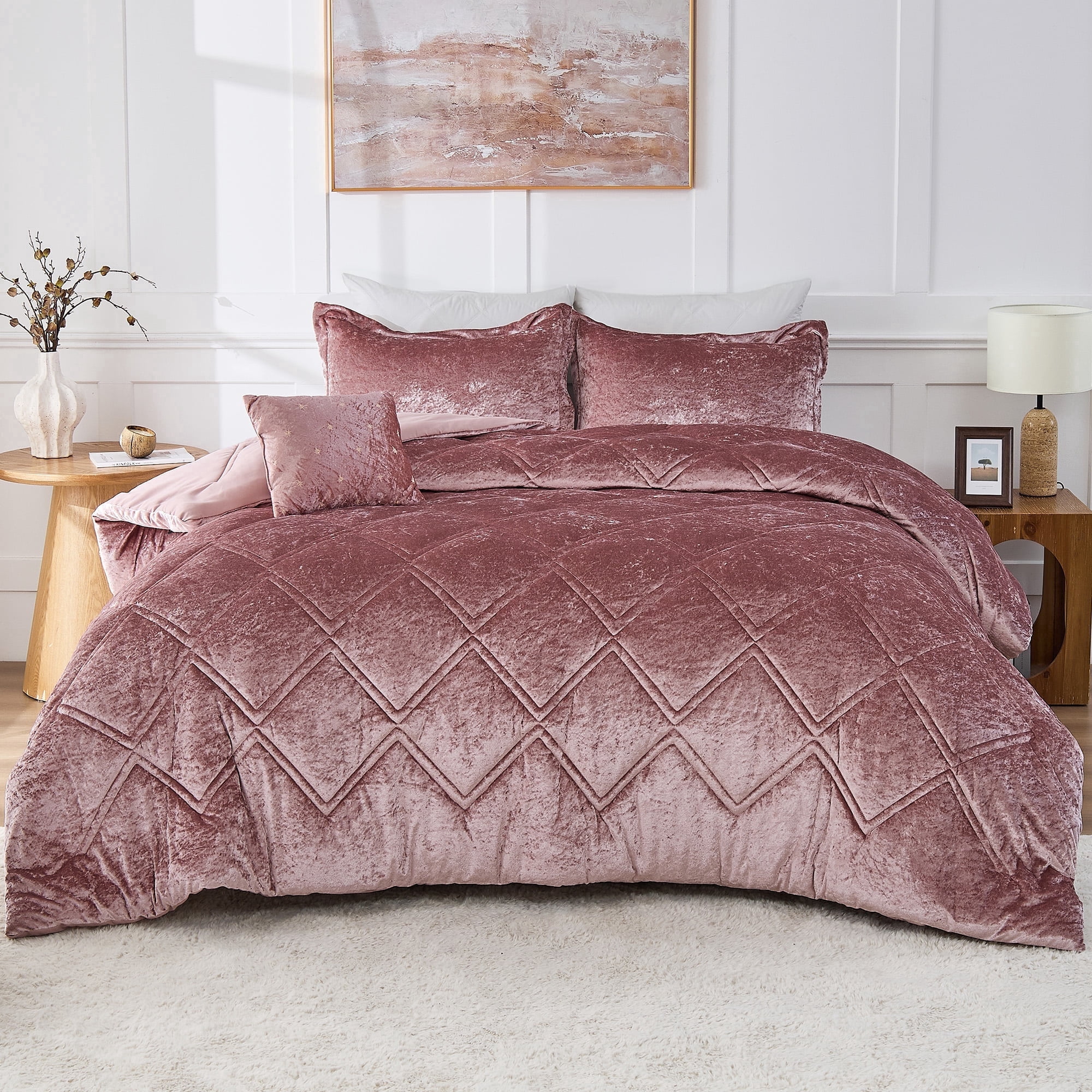 Regency Heights Twin/Twin XL Size Comforter Sets, Velvet Bedding Comforter Set for All Seasons, Blush Bedding Set with Decor Pillow, 4-Piece