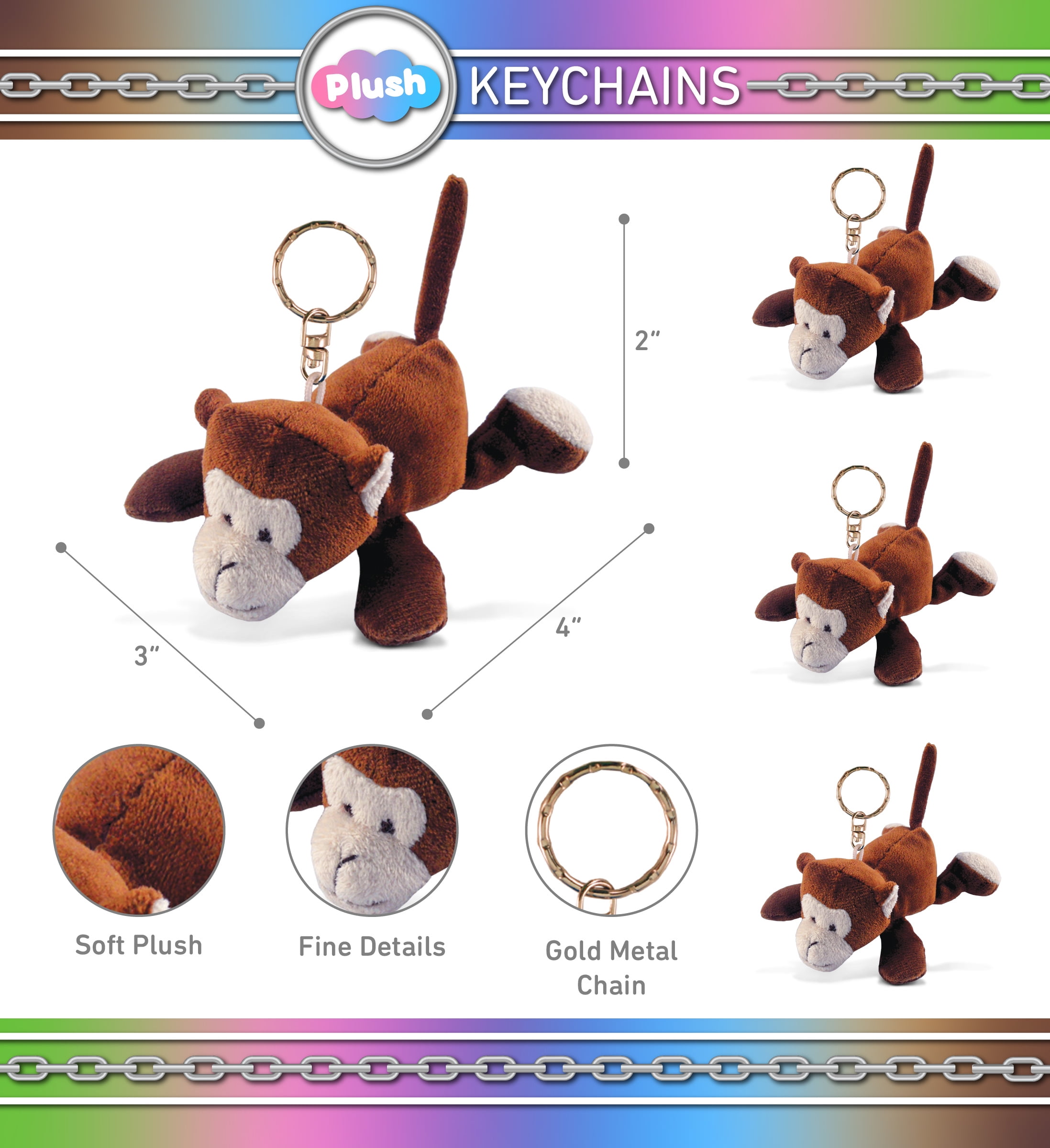 Puzzled Monkey Plush Keychain Stuffed Animal Toy 4 inches