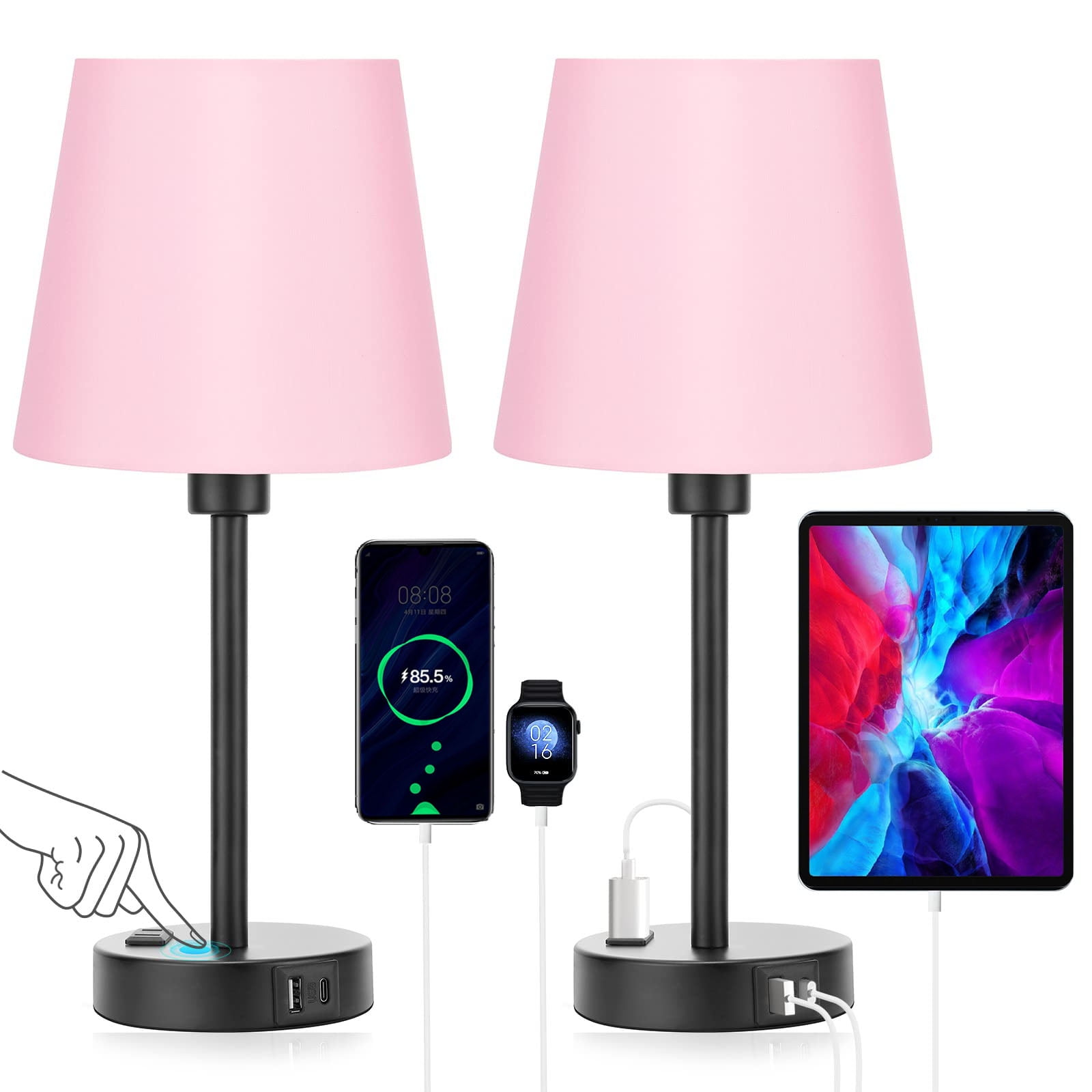 Pink Lamps for Bedrooms Set of 2 Girly Nightstand Lamp with USB C Port and AC Outlet Charging