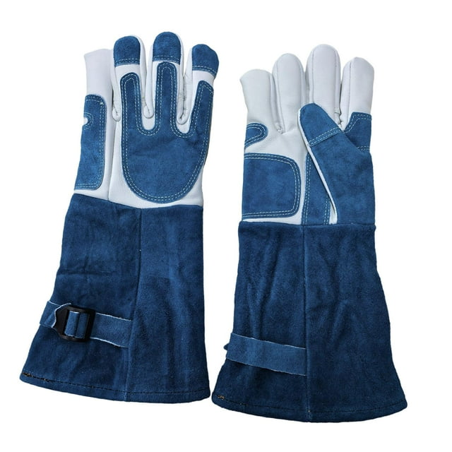 Guantes para manipulación de animales, antimordeduras, gruesos, multifunción, acolchado reforzado, doble cuero para entrenamiento y aseo de perros. 385 cm azul blanco