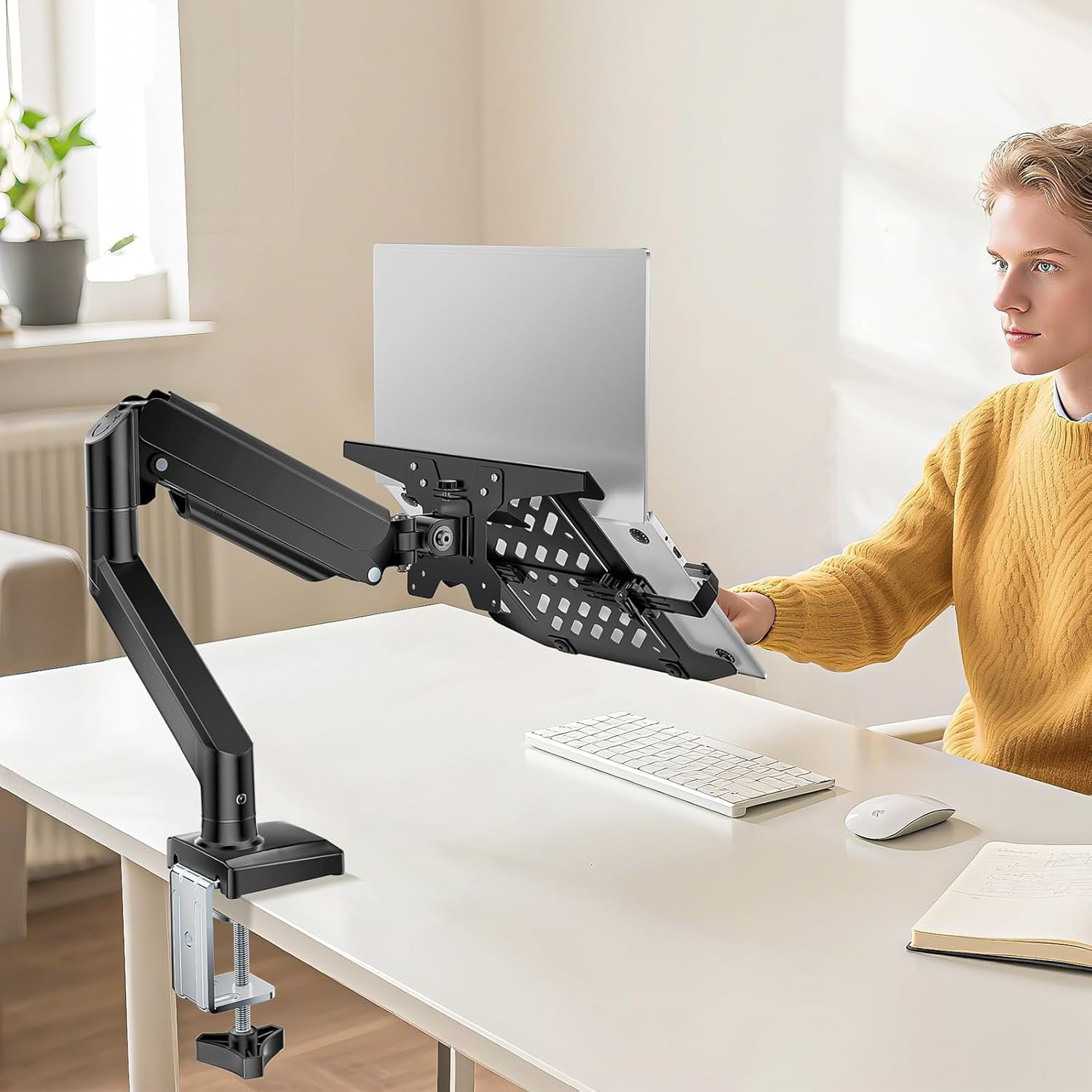 Laptop Desk Mount, 2-in-1 Monitor Mount with Adjustable Laptop Tray, Fits Max 17" Notebook and 34" Computer Screen, Max Holds 22-26.4 lbs, Single Monitor Laptop Stand for Desk , Black