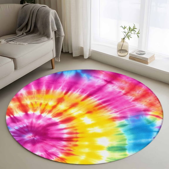 Colorful Boho Round Area Rug 4 FT, Non Slip Indoor Outdoor Rug, Pink Yellow Blue Green Tie Dye Abstract Art Washable Soft Circular Carpet Non-Shedding Floor Mat for Coffee Table Nursery Foyer Balcony
