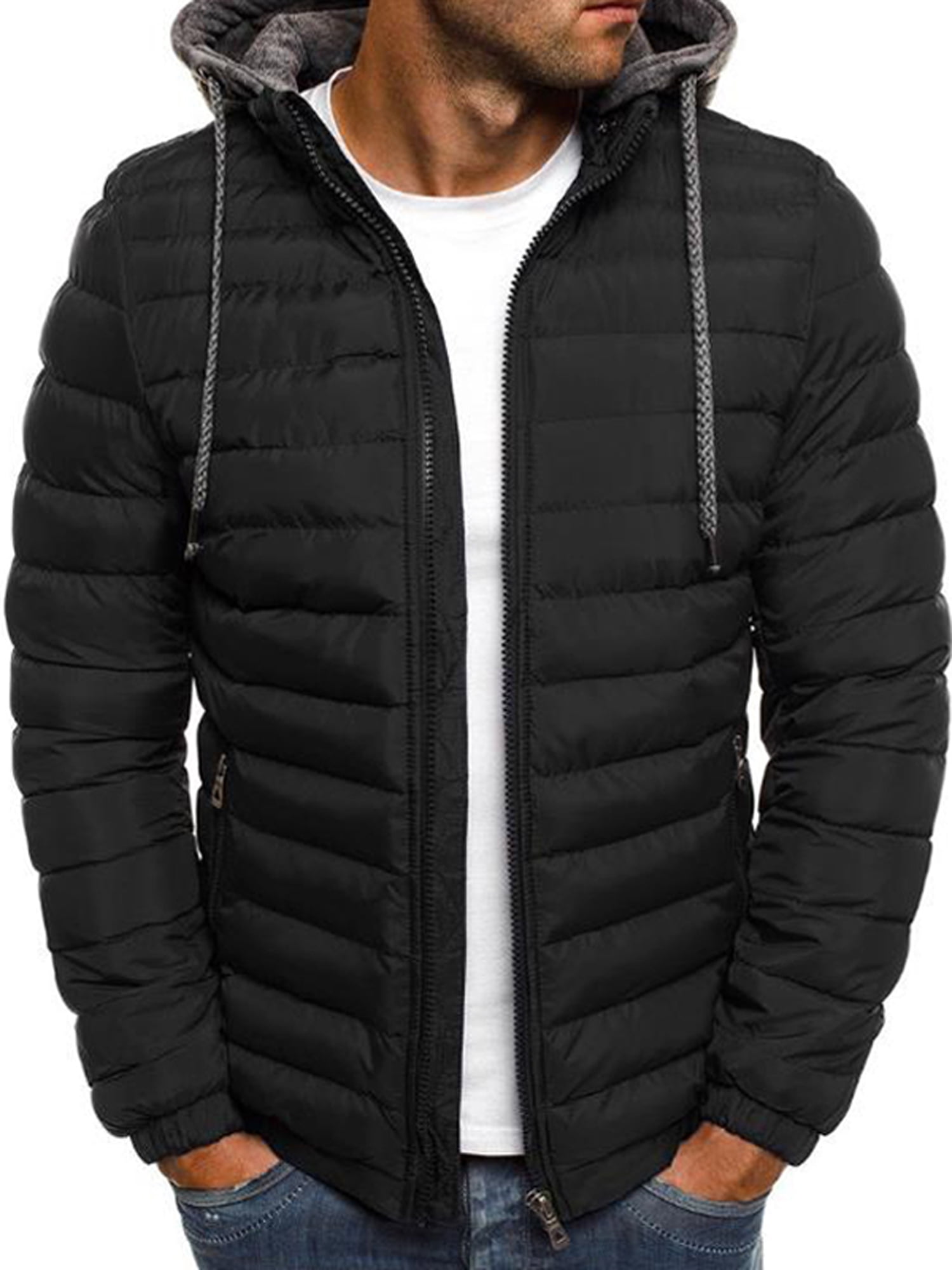 U-shot Men Winter Black Warm Jacket Hooded Outwear Removable Coat