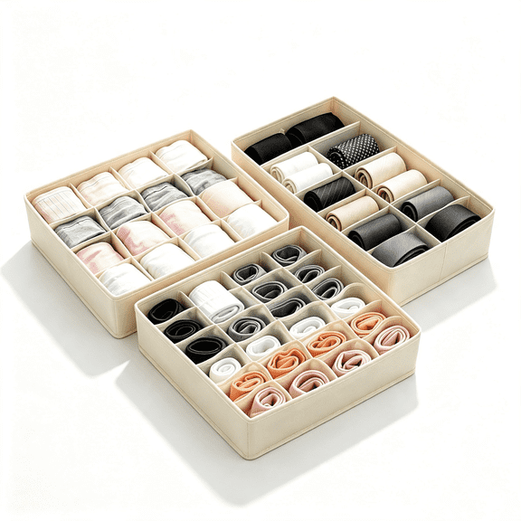 CHICAURA Drawer Organizer for Clothes, Non-Woven Fabric Sock Underwear Drawer Organizer, 3 Pack ,12.5 x 12.5 in Beige