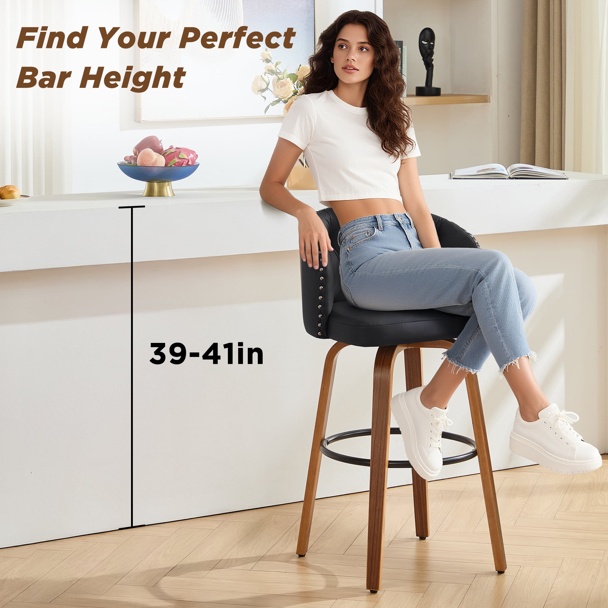 Fahomiss 28" Swivel Bar Stools with Back Set of 4, Leather Farmhouse Bar Height Stools, Black